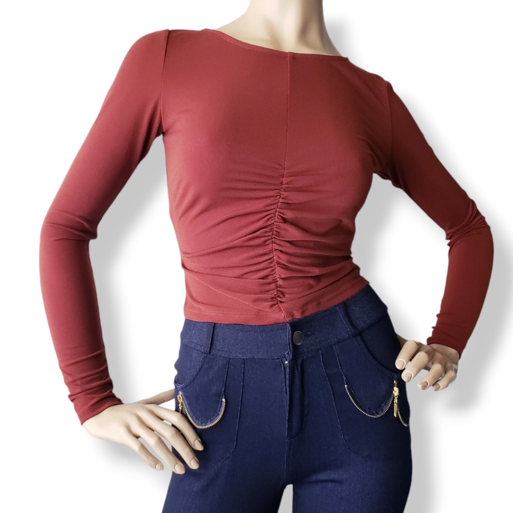 Rust Orange Front Ruched Long Sleeve Top by 3ena